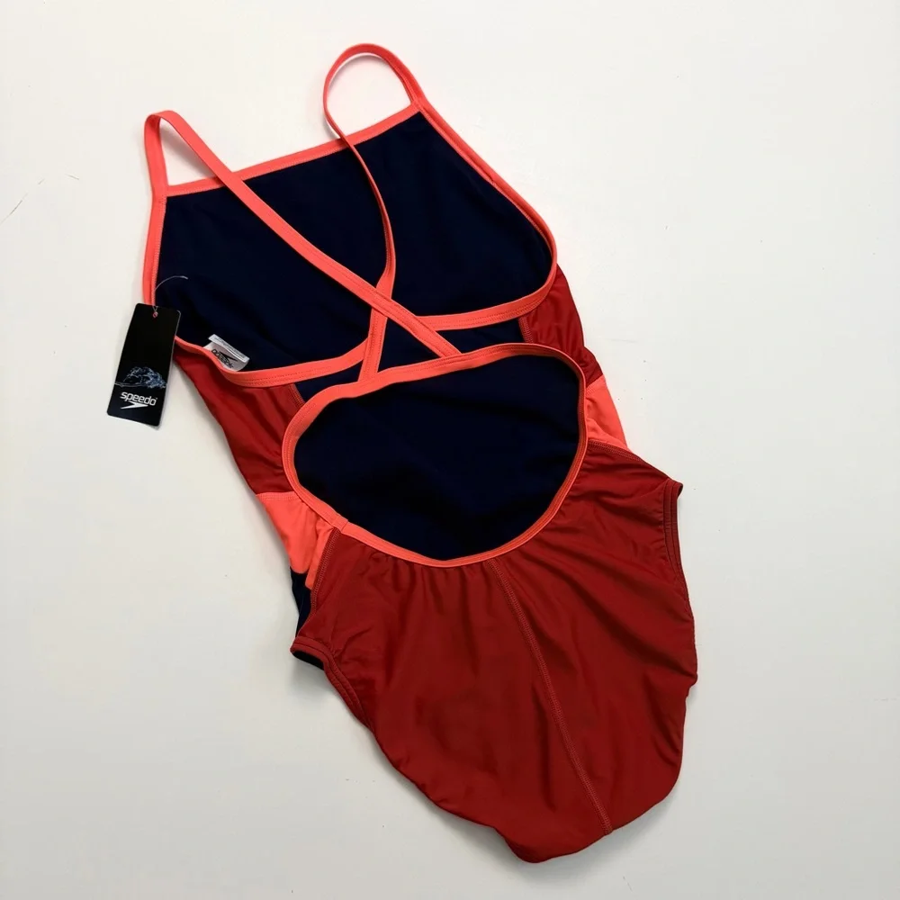 Speedo Swimsuit One Piece Pro LT Quick Dry Shape Retention Pool Blue Red Coral